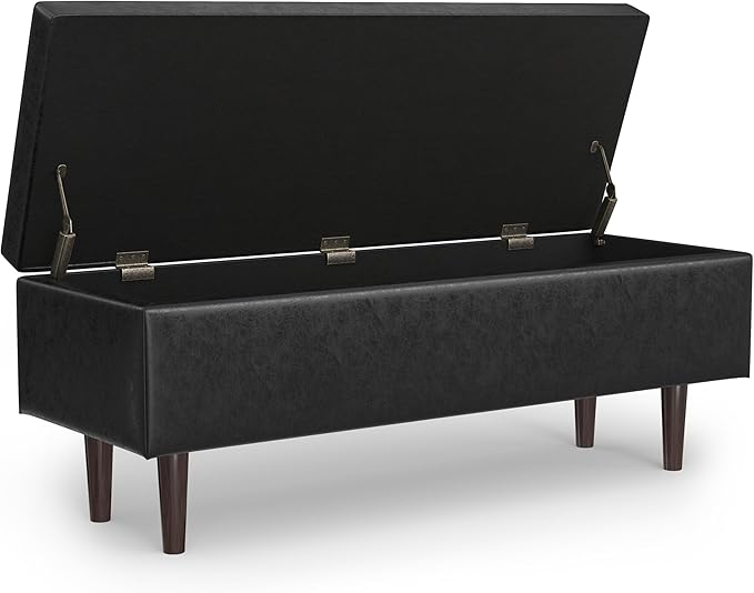 SIMPLIHOME Shay 48 inch Wide Mid Century Modern Rectangular Storage Ottoman in Distressed Black Vegan Faux Leather, Assembled, for The Living Room, Entryway and Family Room