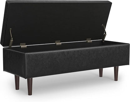 SIMPLIHOME Shay 48 inch Wide Mid Century Modern Rectangular Storage Ottoman in Distressed Black Vegan Faux Leather, Assembled, for The Living Room, Entryway and Family Room