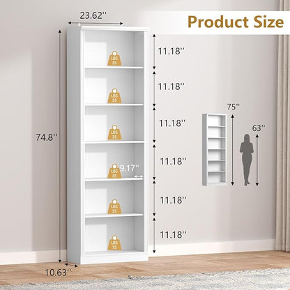 75" Tall Bookshelf & Bookcase Set of 2, 6-Tier Adjustable Storage Shelves, Book Shelf with Anti-Tipping Device, Floor Standing Modern Display Rack for Living Room, Bedroom, Office, White