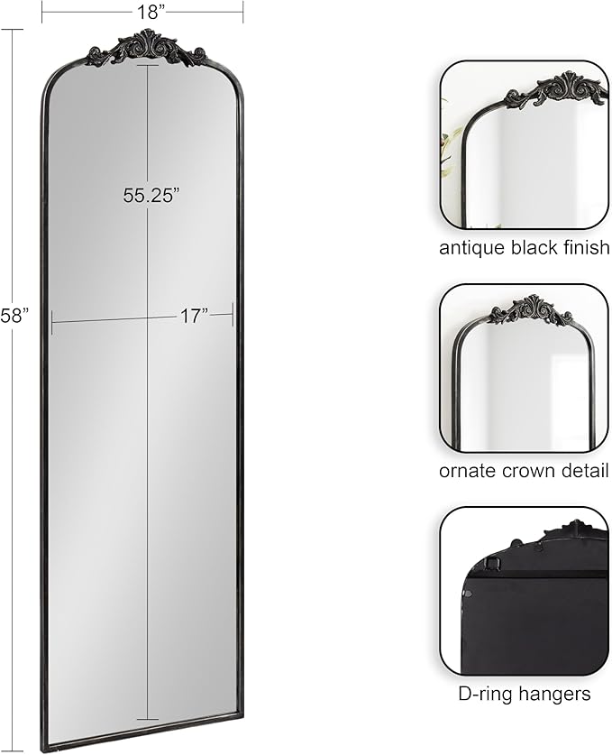 Kate and Laurel Arendahl Vintage Arched Tall Panel Mirror, 18 x 58, Antique Black, Traditional Baroque Full Length Mirror with Ornate Garland Inspired Crown for Bedroom