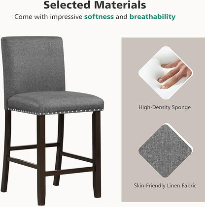 COSTWAY Bar Stools Set of 2, 25.5” Linen Fabric Armless Counter Height Chair with Back, Kitchen Island Breakfast Chair for Dining Room, Party Room & Restaurant (2, Grey)