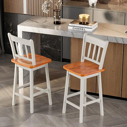 COSTWAY Bar Stools Set of 2, 24.5 Inch Rubber Wood Bar Chairs with 360°Swiveling, Footrest, Swivel Counter Height Barstools Ideal for Kitchen Island, Counter, Pub or Bar (2, White)