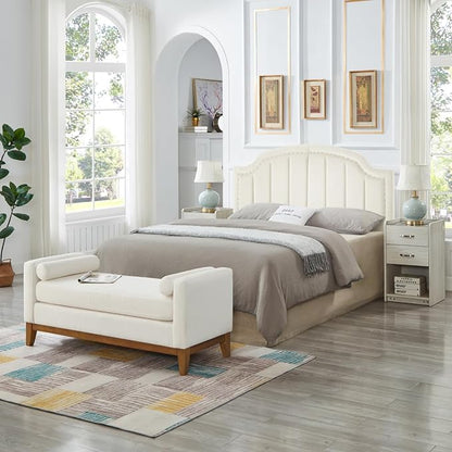 24KF Velvet Fabric Upholstered Queen/Full Headboard with Nail Trims,Modern Vertical Channel Design with Curved Headboard, 6052-Q-Cream
