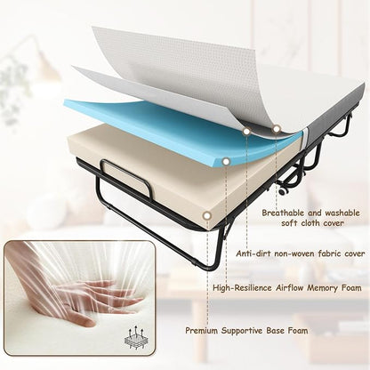 75" x 31" Folding Bed with Mattress for Adults, Portable Foldable Single Beds with Memory Foam Mattress & Super Strong Frame, Convenient Roll Away Guest Bed for Storage