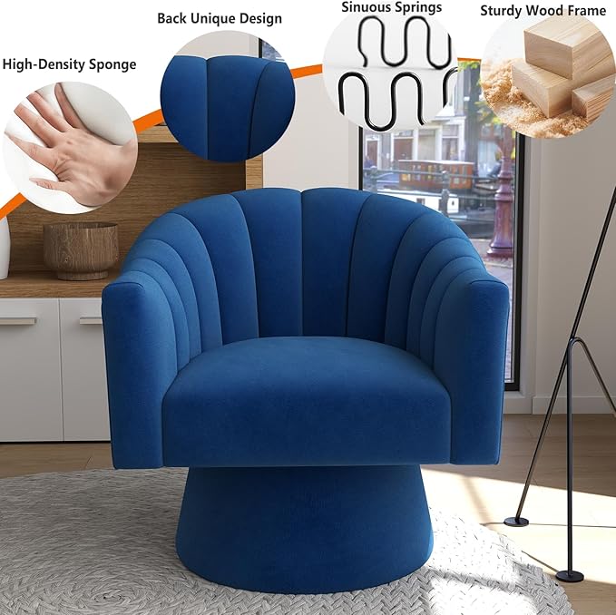 Swivel Accent Chair Set of 2, Upholstered Velvet 360° Swivel Barrel Chair for Living Room Overstuffed Bouncle Reading Chair Round Armchair for Bedroom,Vanity,Office (Navy)