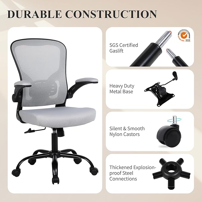 Flysky Ergonomic Office Chair, Mesh Home Office Desk Chair with Flip-up Arms and Lumbar Support, Height Adjustable, Swivel, Gray