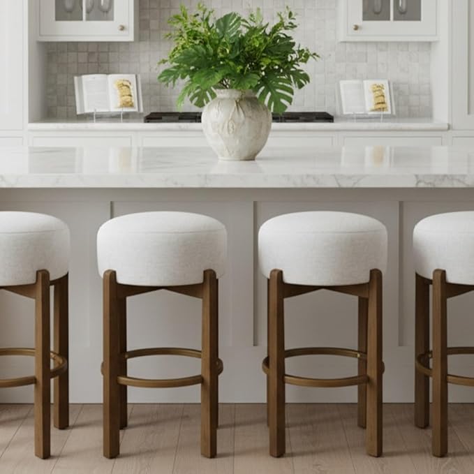 Christopher Knight Home Lera Modern Counter Height Bar Stools Set of 2, Fabric Round Stool Chair for Kitchen Island, Wooden Dining Room Chair, Upholstered Counter Stool with Footrest,Dark Walnut+Ivory