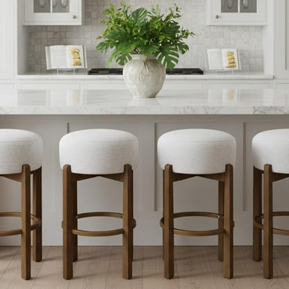 Christopher Knight Home Lera Modern Counter Height Bar Stools Set of 2, Fabric Round Stool Chair for Kitchen Island, Wooden Dining Room Chair, Upholstered Counter Stool with Footrest,Dark Walnut+Ivory