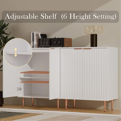 EOYUTLLY White Fluted Buffet Storage Cabinet,Wood Sideboard Buffet Cabinet with Adjustable Shelf & Rose Gold Colored Metal Legs, Accent Cabinet for Living Room,Kitchen, Assemble Easily