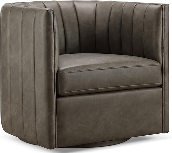 CHERS Rivet Mid-Century Modern Swivel Armchair, Channel-Tufted Faux Leather Accent Chair, 360-Degree Rotating Lounge Chair with Ergonomic Design for Living Room, Bedroom, Home Theater, Pewter