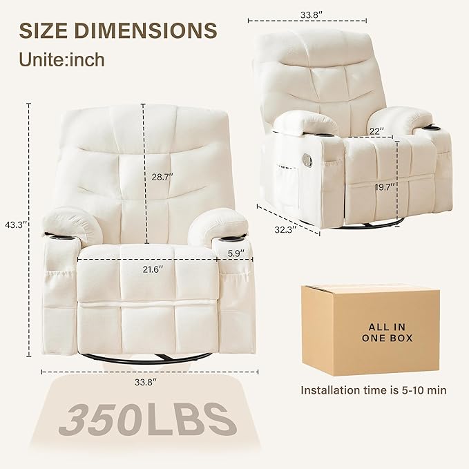 Manual Rocker Recliner Chair, 360°Swivel Recliner Chairs for Adults, Single Recliner Seat with Cup Holders,Upholstered Fabric Lazy Boy Recliner,White