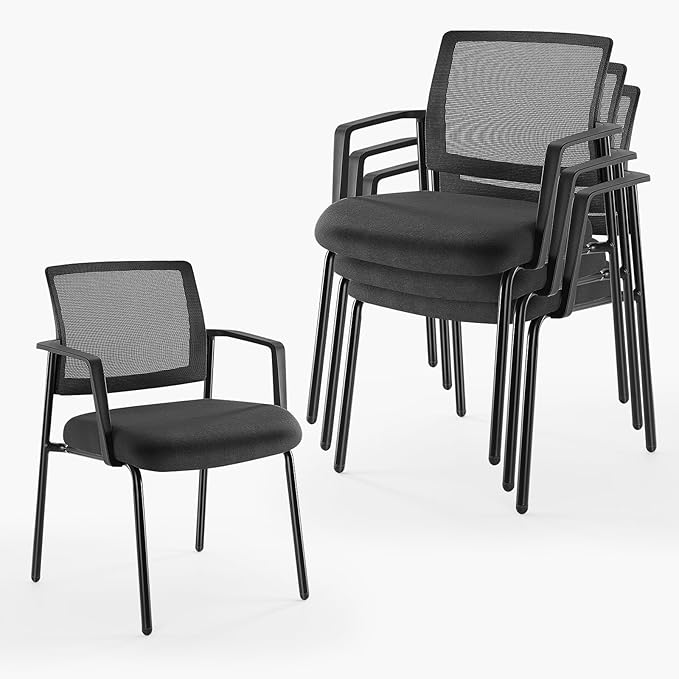 DUMOS Black Stackable Arm Chairs with Mesh Back and Upholstered Fabric, Sturdy Metal Frame, Easy to Store and Use, Perfect for Indoor and Outdoor Spaces, 4 Chair