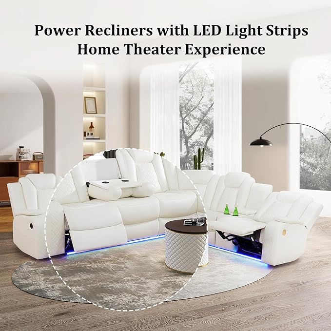 Power Recliner Sectional Couch with LED, Leather Reclining Sofa for Living Room, Muti-Functional Recliner Corner Sectional with Storage Console/Cup Holders/USB Ports (Creamy White, SECTIONAL & CHAIR)