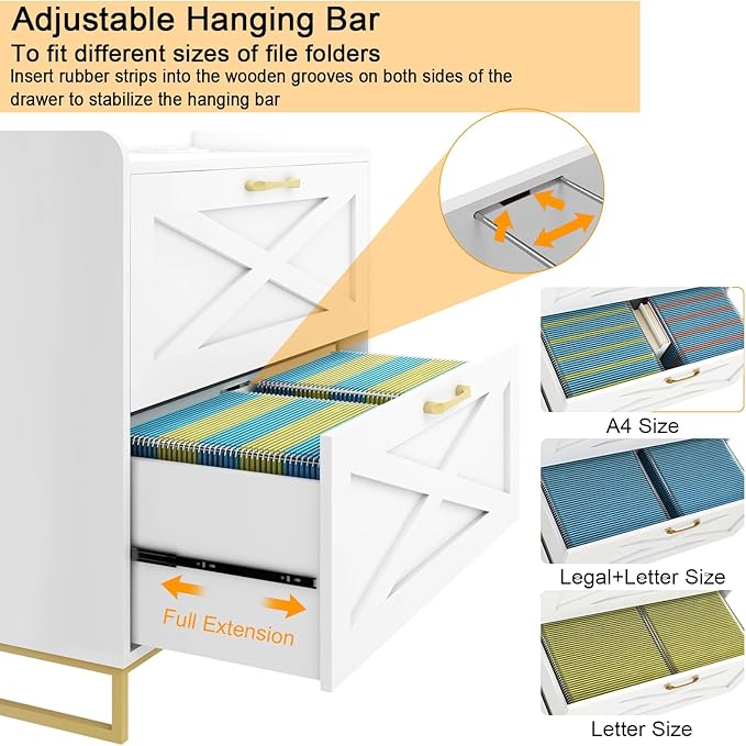 File Cabinet 2 Drawers Lateral File Cabinet with Charging Station for Letter/Legal/A4 Size Hanging Files, Large Wood File Storage Cabinets Printer Stand for Home Office, White and Gold