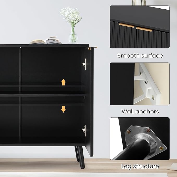 Fluted Storage Cabinet with Doors, Wood Sideboard Buffet Cabinet with Adjustable Shelf, Modern Accent for Living Room, Entryway (Set of 3, Black)