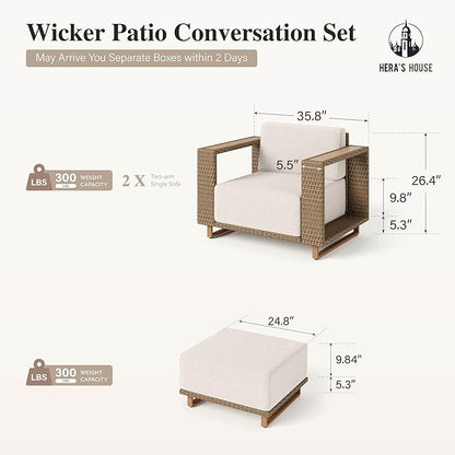 HERA'S HOUSE 4 Pieces Patio Furniture Set, 2 Outdoor Rattan Wicker Armchairs Set with 2 Ottomans, All Weather Patio Conversation Set with 5.3" Widened Armrest, 10" Ultra Thick Comfy Sponge Cushion