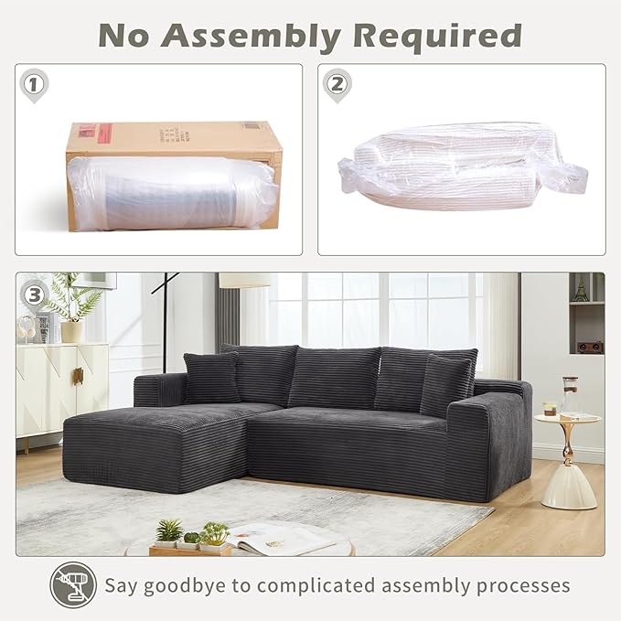 PELUMY 108.7" L-Shaped Modular Sectional Sofa with Oversized Chaise, Cloud Couch with Memory Foam, No Assembly Required Sleeper Sofa for Small Space Living Room, Apartment (Grey, Corduroy)