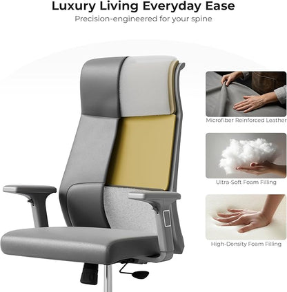 EUREKA ERGONOMIC Valen Leather Desk Chair, High Back Office Chair, Microfiber PU Leather Office Chair with Wheels, Executive Office Chair Comfy for Samll Spaces, Grey