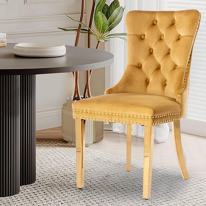 Velvet Upholstered Dining Chairs Set of 8, Modern Style Kitchen Side Chairs with Nailhead Trim and Gold Plated Leg, Metal Pulling Ring for Dining Room Living Room(Gold-Gold Plated Leg)