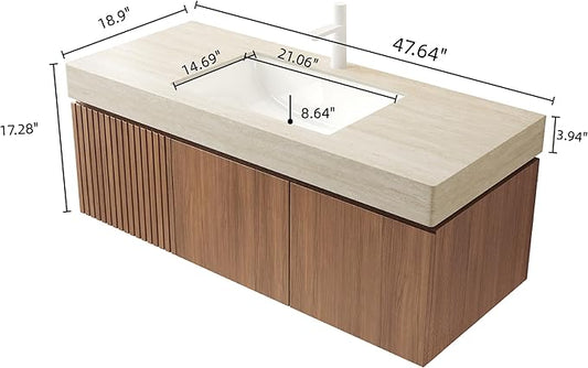 48 Inch Floating Bathroom Vanity with Sink, Wall-Mounted Bathroom Vanity with Drawer and 2 Doors, Roma Travertine-Pattern Countertop and Ceramic Basin, Pre-Assembled, Espresso Woodgrain Color