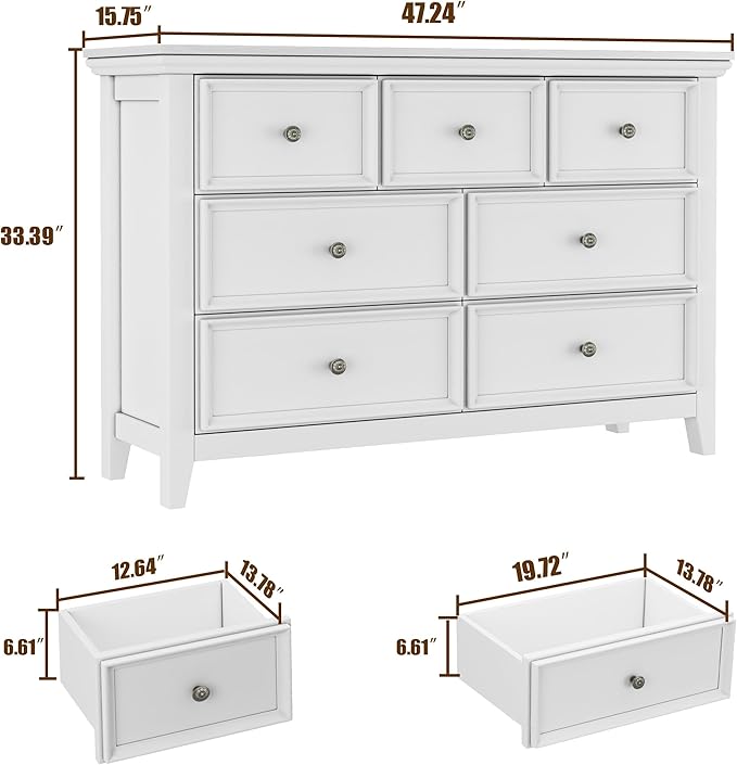 BLANKSPACE White 7 Drawer Dresser, Modern Dresser for Bedroom, Wood Drawer Organizer with Metal Knobs, Large Capacity Wood Cabinet for Bedroom, Hallway