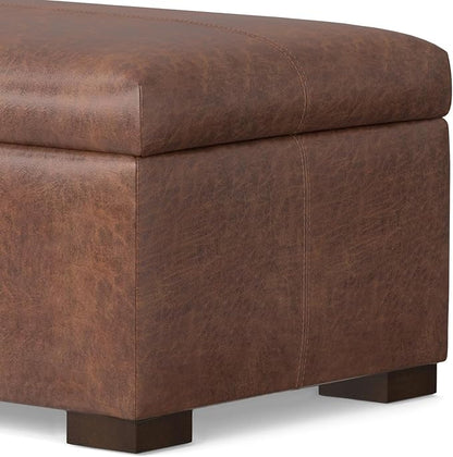 SIMPLIHOME Gabbie 48 inch Wide Contemporary Rectangle Rectangular Storage Ottoman in Distressed Saddle Brown Vegan Faux Leather, Assembled, for The Living Room, Entryway and Family Room