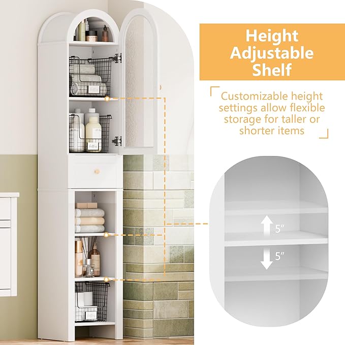 70" Tall Bathroom Storage Cabinet with Acrylic Door，Narrow Storage Cabinet with Drawer Adjustable Shelves, Modern Arched Design Bathroom Cabinet for Bathroom, Living Room, Kitchen, White