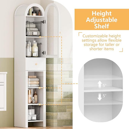 70" Tall Bathroom Storage Cabinet with Acrylic Door，Narrow Storage Cabinet with Drawer Adjustable Shelves, Modern Arched Design Bathroom Cabinet for Bathroom, Living Room, Kitchen, White