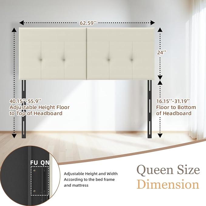 Headboard Queen Size Upholstered Faux Leather, Queen Headboard with Sturdy Metal Legs, Tufted Upholstery Design Headboards with Adjustable Width & Height (Ivory)