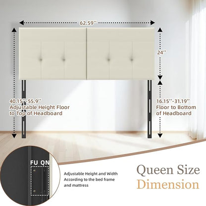 Headboard Queen Size Upholstered Faux Leather, Queen Headboard with Sturdy Metal Legs, Tufted Upholstery Design Headboards with Adjustable Width & Height (Ivory)