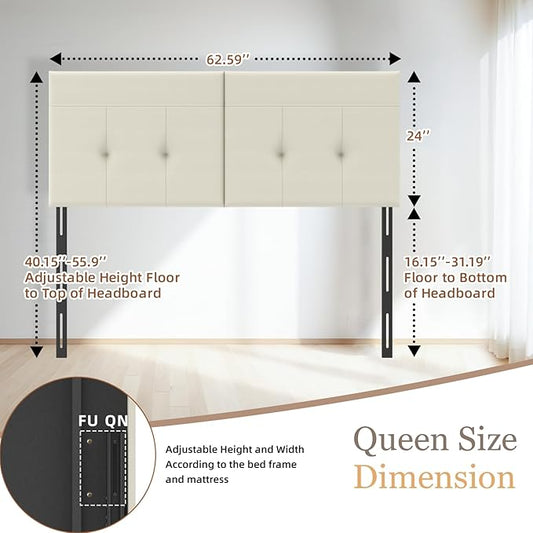 Headboard Queen Size Upholstered Faux Leather, Queen Headboard with Sturdy Metal Legs, Tufted Upholstery Design Headboards with Adjustable Width & Height (Ivory)