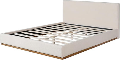 Christopher Knight Home Bettine Boucle Queen Size Bed, Boucle Headboard and Footboard, Rectangular Queen Size Headboard, Slat Panel Support Platform Bed, No Spring Box Needed, Easy Assembly, White