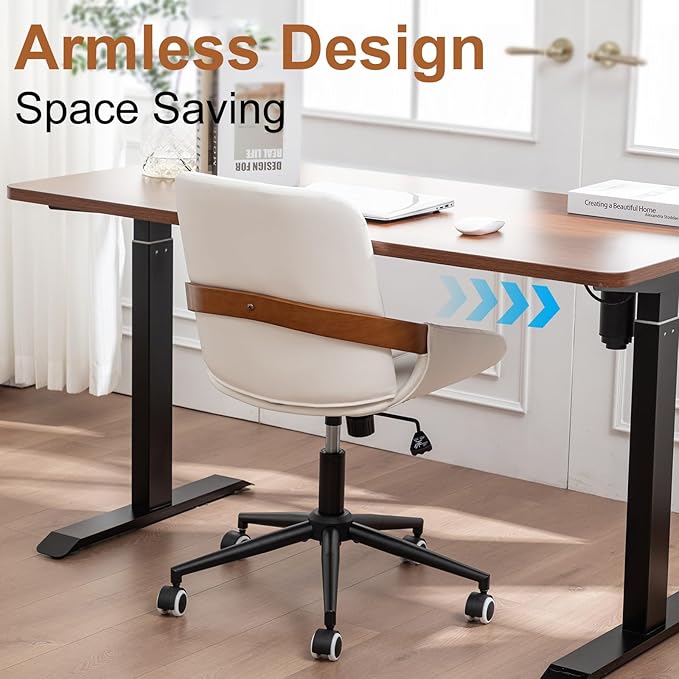 Small Home Office Chair No Arms,PU Leather Desk Chair with Wheels,Adjustable Height Work Chair,360° Swivel Computer Desk Chair for Office, Reading and Study (Beige)