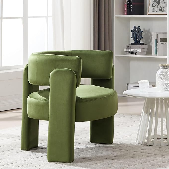 Velvet Accent Chair with Arms, Upholstered Barrel Armchair with Curved Back, Comfy Single Side Chair for Reading, Living Room, Home Office, Green