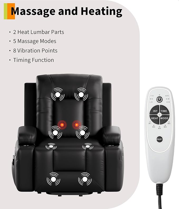 GarveeHome Power Lift Recliner Chair - Heat and Massage, PU Leather, Adjustable Back and Legs, Electric Lift Chair Designed for The Elderly and People with Mobility impaired