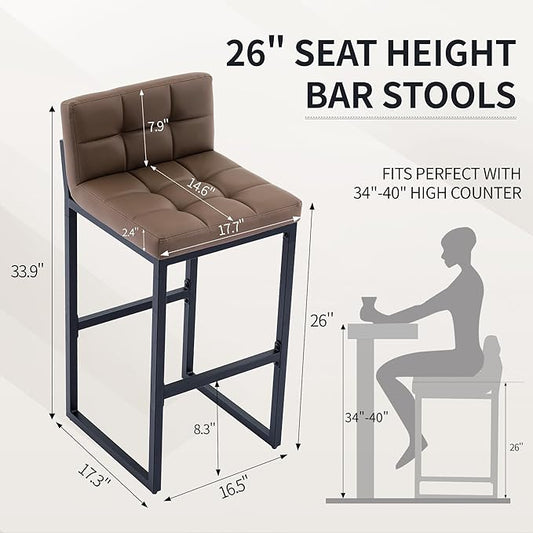 Counter Height Bar Stools Set of 2, Modern Faux Leather Counter Stools with Low Back and Footrest, Upholstered Bar Chairs for Kitchen Island (Coffee Brown, 2Pcs 26" Bar Stools)