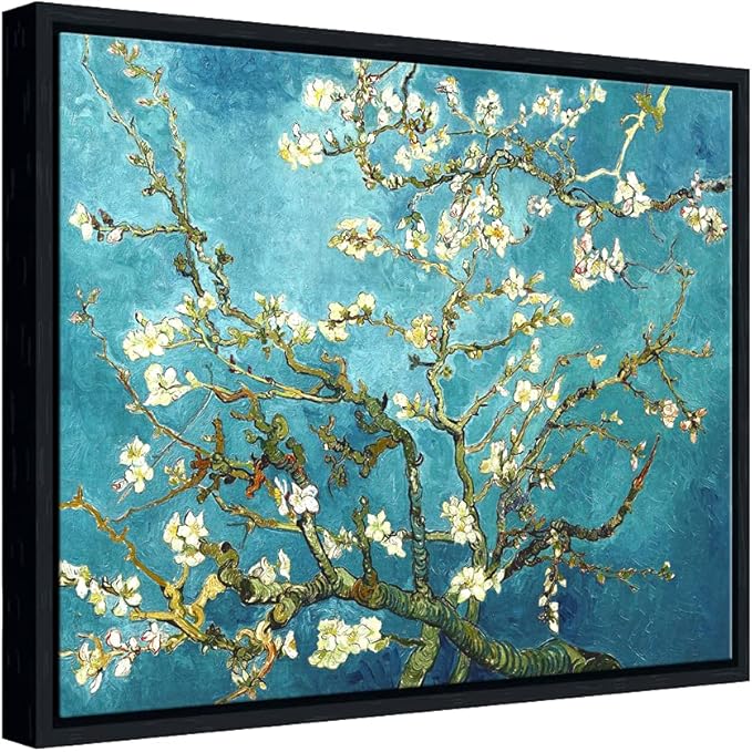 Wieco Art Framed Art Almond Blossom Floral Canvas Prints of Van Gogh Famous Oil Paintings Reproduction Flowers Pictures on Canvas Wall Art for Living Room Home Decorations Black
