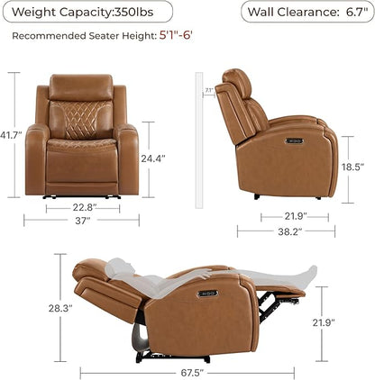 CHITA Genuine Leather Recliner Chair for Adults with Adjustable Power Headrest, Lay Flat Power Recliner with Slide-Out Cupholders & USB/Type-C Ports, Living Room Chair, Saddle