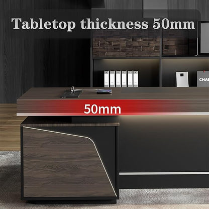 Modern Large Desk, Modern L-shaped Desk With Side Cabinets, Executive Desk With Combination Lock Drawer, Business Furniture Desk With Simple Cable Management (chair Not Included)(63x29.5x86.6inch)