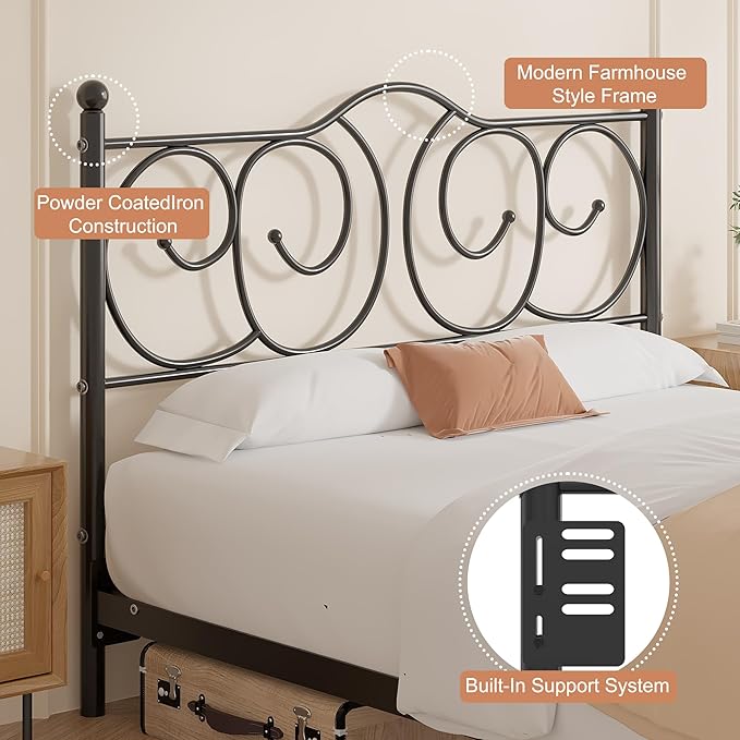 VECELO Metal Full Size Headboard, Heavy Duty Curved Headboard Only Height Adjustable, Easy to Assembly, Farmhouse Victorian Style for Bedroom - Black, Full