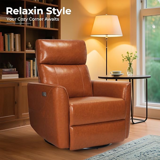 Homdox Power Recliner Chair Swivel Glider with Massage and Heat, Living Room Nursery Reclining Chair with USB, Faux Leather, for Small Spaces, Orange-Brown