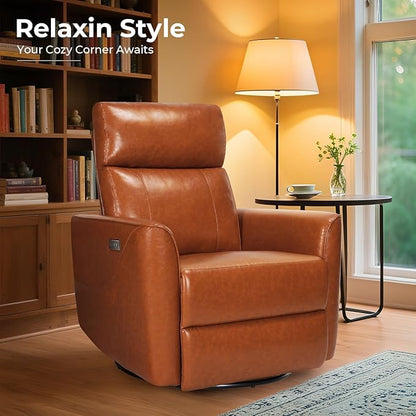 Homdox Power Recliner Chair Swivel Glider with Massage and Heat, Living Room Nursery Reclining Chair with USB, Faux Leather, for Small Spaces, Orange-Brown