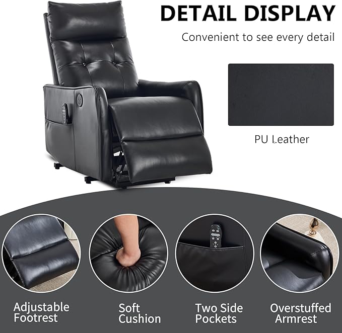 PELUMY Manual Lift Recliner Chair with Massage and Heat for Elderly, Single Motor Electric Lift Chair, Heavy Duty Recliner with USB Charging & Side Pockets (Breathable Leather, Black)