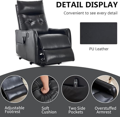 PELUMY Manual Lift Recliner Chair with Massage and Heat for Elderly, Single Motor Electric Lift Chair, Heavy Duty Recliner with USB Charging & Side Pockets (Breathable Leather, Black)