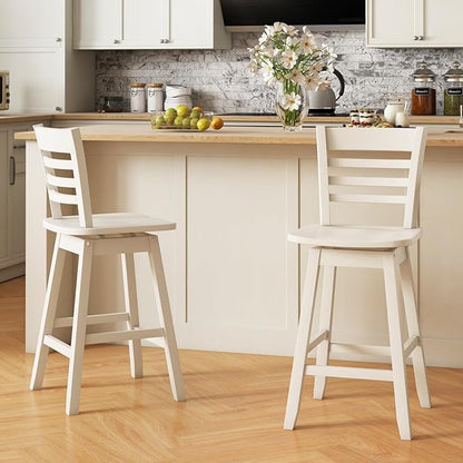 COSTWAY Bar Stools Set of 2, 24.5 Inch Swivel Counter Height Bar Chairs with Hollow Backrest & Contoured Seat, with Footrest for Kitchen Island, Pub, Bistro, Cafe (2, Cream)