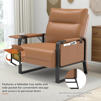 Upholstered Accent Chair, Modern Faux Leather Sofa Chair with Foldable Side Tray Table & Storage Pocket, Small Accent Sofa for Living Room, Bedroom, Reception Room, Brown