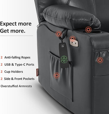 MCombo Oversized Power Lift Recliner Chair for Elderly, Lift Chair with Heat and Massage for Big and Tall, USB&Type C Ports, Cup Holders, Faux Leather R7510 (Black, Large-Wide)