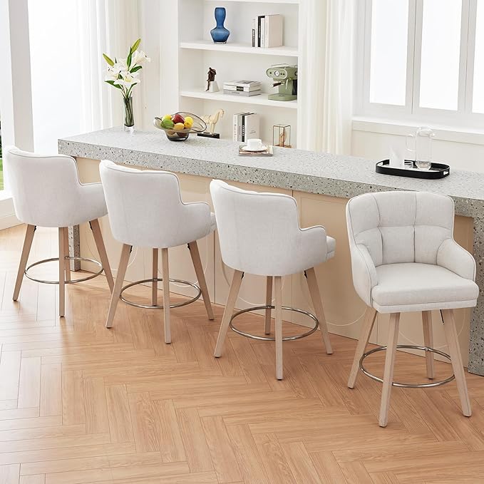 360°Swivel Counter Height Bar Stools with Back, 26 inch Solid Wood Legs, Bar Stool Modern Kitchen Island Chairs, Fabric (Beige- Fabric, 26" H- Set of 4)