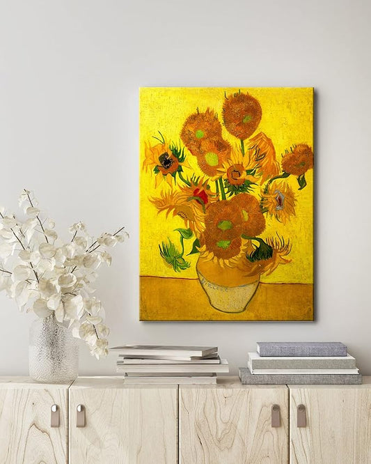 Wieco Art Abstract Flowers Giclee Canvas Prints Wall Art Vase with Fifteen Sunflowers by Van Gogh Classic Oil Paintings Reproduction for Home Decor Modern Stretched and Framed Floral Picture