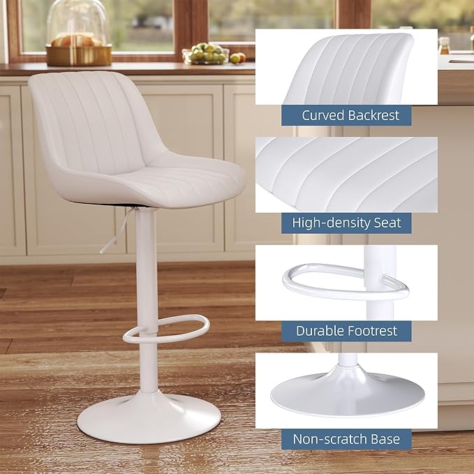 Youhauchair Bar Stools Set of 2, Swivel Counter Height Barstools with Back, Adjustable PU Leather Bar Chairs, Modern Armless Kitchen Island Stool, White